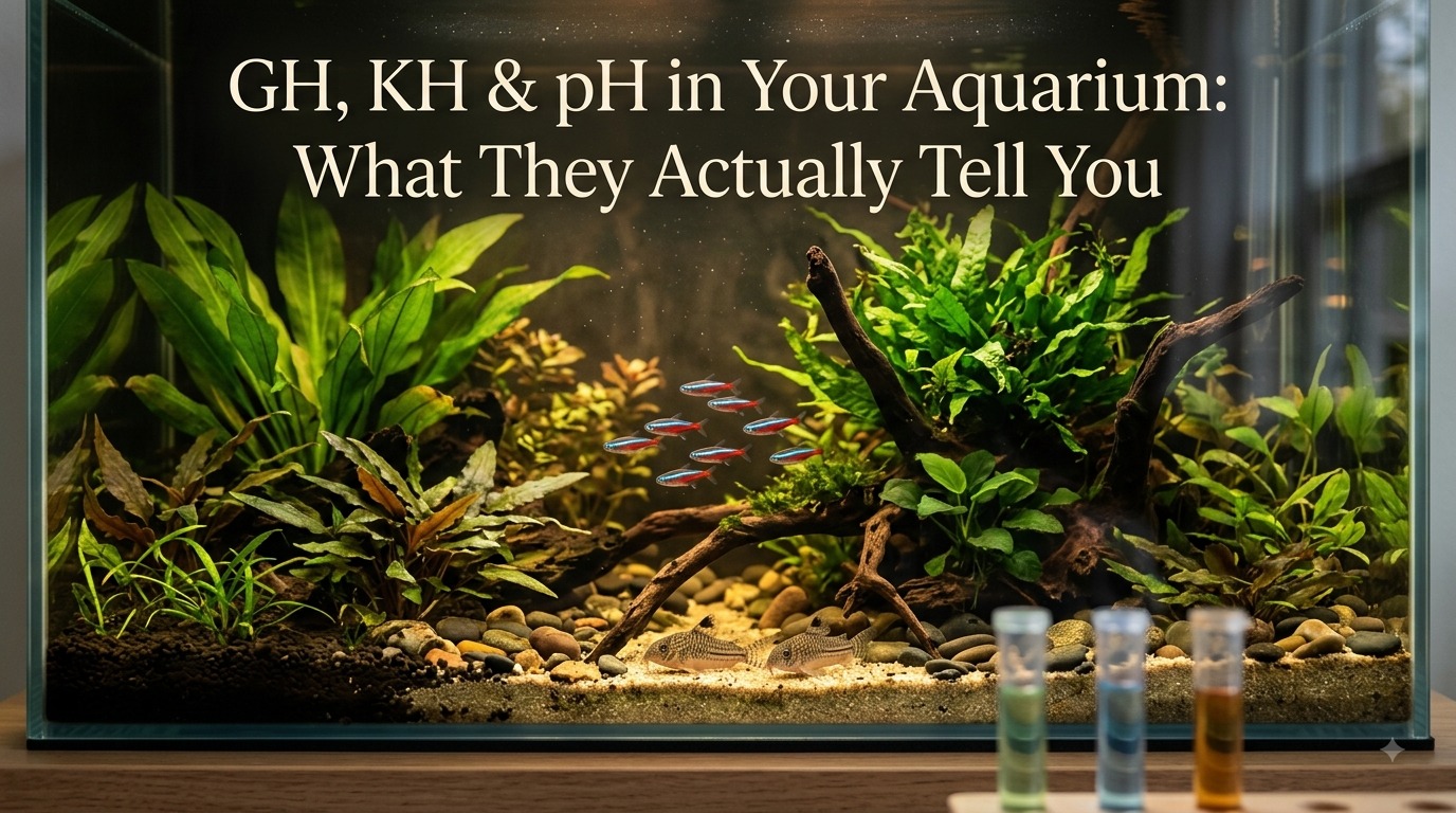 Planted living aquarium illustrating the relationship between GH, KH, and pH